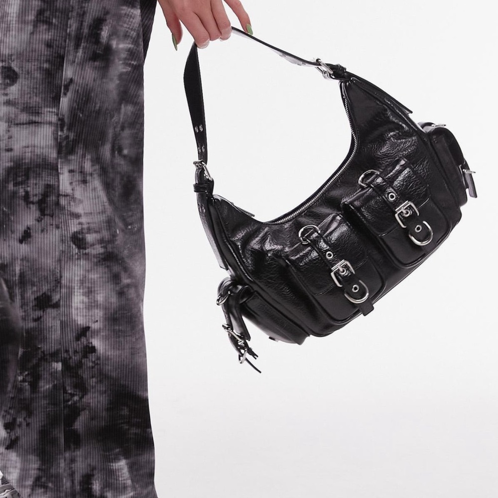 Sleek Black Faux Leather Shoulder Bag with Buckle Details
